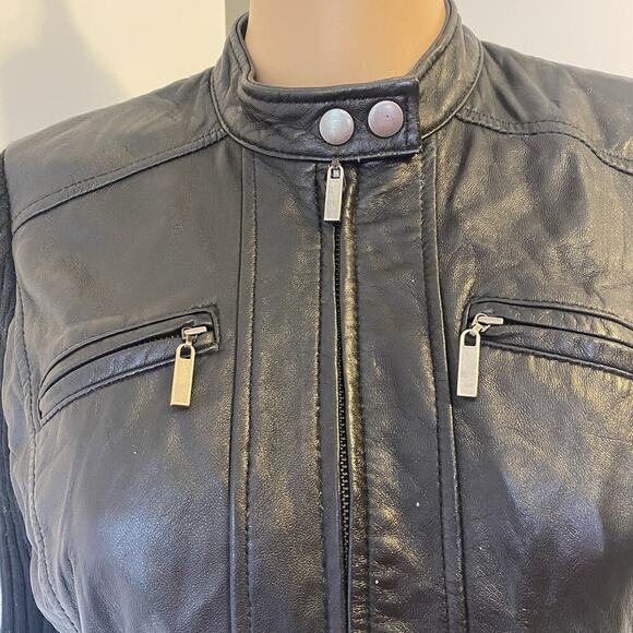 Style & Company Women's S Black Leather Rip Knit Jacket Full Zip High Neck Goth - Picture 6 of 12